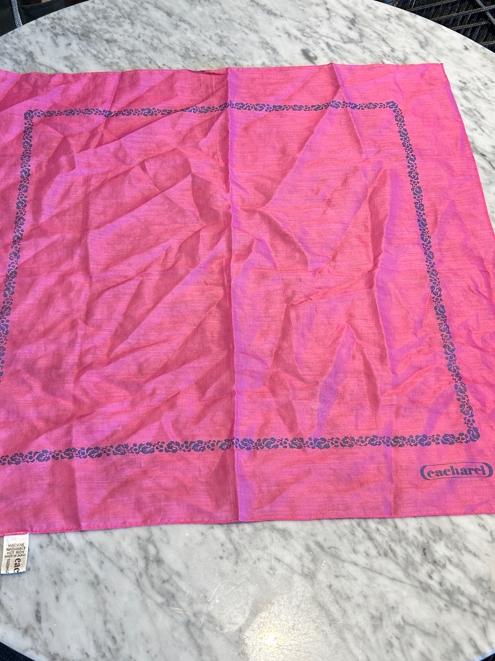 Vintage Cacharel Hot Pink Cotton Square Neck Scarf with Navy Border Print
